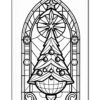 A stained glass-style coloring page featuring a Christmas tree decorated with ornaments, surrounded by an ornate frame and star at the top.