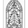 Stained glass design featuring a Christmas tree inside a pointed arch with ornaments and a pot at the base.