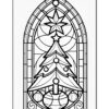 A black and white stained glass design featuring a Christmas tree with ornaments and a star at the top.