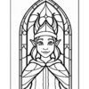 A line art illustration of an elf with horns, wearing a crown and cape, set within a decorative stained glass window frame.