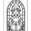 A cheerful elf girl stands framed by a decorative stained glass window design, featuring her pointed ears and a playful expression.