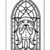A line art illustration of a whimsical character with long hair and pointed ears, standing by a large stained glass window.
