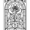 A stained glass-style outline of a rose and leaves, featuring decorative arches and circular elements.