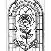 Stained glass design featuring a large rose with leaves, framed by an arch and decorative patterns.
