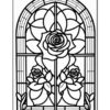 Stained glass window design featuring large and small roses with intricate detailing.