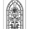 Stained glass window illustration featuring a large rose surrounded by floral designs and decorative arched frames.