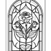 Stained glass style illustration of a rose and two bud roses, set within an arched framework.