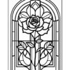 Stained glass design featuring a large rose and smaller roses within an arched frame.