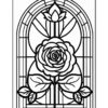 A black and white stained glass design featuring a large rose and a smaller flower above it, framed by an arch.