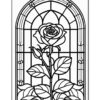 A stylized black and white illustration of a rose plant within a stained glass window design.
