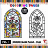 Stained glass floral rose coloring pages featuring vibrant illustrations on the left and a black-and-white outline on the right.