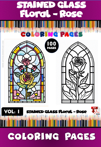 Stained glass floral rose coloring pages featuring vibrant illustrations on the left and a black-and-white outline on the right.