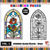 Stained glass floral design featuring roses, with a colorable black and white outline on one side and a colored version on the other.