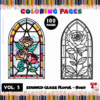 Stained glass design featuring roses in an arched window, alongside a black and white outline for coloring.