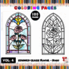Coloring page featuring a stained glass floral design of a rose, with colorful borders and a black and white outline for coloring.