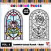 Coloring page featuring a stained glass rose design on the left and a black outline version on the right.