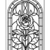 Stained glass design featuring a large rose surrounded by floral patterns and an ornate frame.