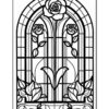 Stained glass window design featuring roses and tulip motifs in a symmetrical layout.