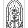 Stained glass design featuring a rose with leaves inside an arched frame.