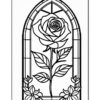 A stained glass-style outline drawing of a rose surrounded by floral designs, set within an arched frame.