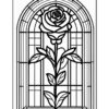 Stained glass design featuring a single rose surrounded by an arched framework and decorative geometric patterns.