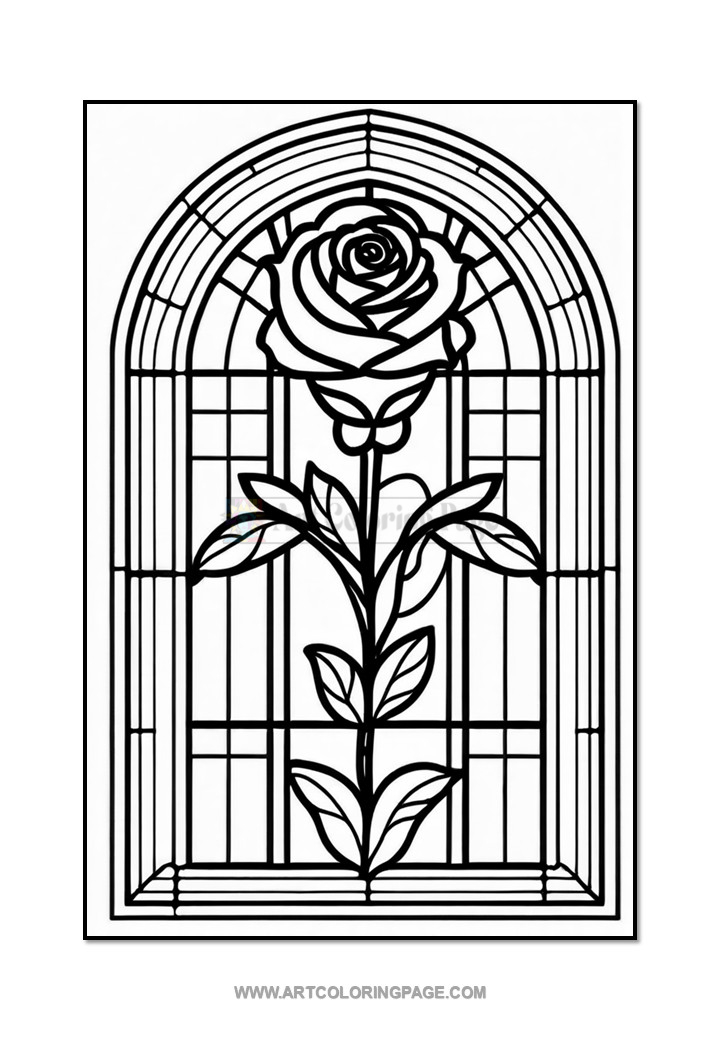 Stained glass design featuring a single rose surrounded by an arched framework and decorative geometric patterns.