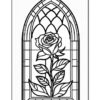 A black and white stained glass design featuring a rose and leafy stem within an arched window frame.