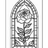Stained glass window design featuring a large rose surrounded by leaves and decorative framing.
