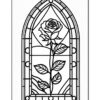 A stained glass window design featuring a rose surrounded by intricate geometric patterns and leaves.