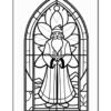 Stained glass-style illustration of a figure with a beard and robe, surrounded by floral and mountain designs.
