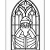 Stained glass design featuring Santa Claus with a beard and hat, set in an arched window frame.