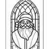 A stained glass window design featuring a bearded Santa Claus wearing glasses and a hat, outlined for coloring.