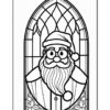 A line art illustration of Santa Claus with glasses and a hat, set within a decorative arched window frame.
