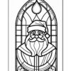 Stained glass style illustration of Santa Claus with a distinctive beard, set within an ornate arch.