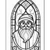 A stained glass-style illustration of a bearded Santa Claus, framed by an arched window with decorative elements.