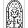 Coloring page featuring a cheerful Santa Claus standing inside an ornate window frame with a geometric design.