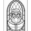 A black and white stained glass design featuring a bearded Santa Claus holding a book, set within an arched frame.