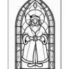 A stained glass window design featuring Santa Claus in traditional attire, outlined in black for coloring.