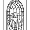 Black and white illustration of Santa Claus looking out from a stained glass window frame.