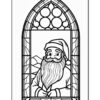 Santa Claus with a beard in a stained glass window design, featuring circular patterns and a traditional hat.