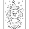 A cartoon bird wearing a party hat surrounded by stars, designed for coloring.