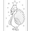 A cartoon turkey wearing a party hat, surrounded by stars, designed for coloring.