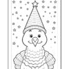 A cartoon owl wearing a party hat against a starry background, outlined for coloring.