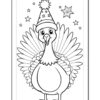 A cartoon turkey wearing a party hat stands among stars, outlined for coloring.