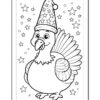 A cartoon turkey wearing a party hat, surrounded by stars, ready for a festive celebration.