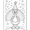 A cartoon turkey wearing a party hat, standing on a colorful surface with stars and a festive backdrop.