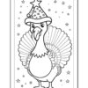 A cartoon turkey wearing a festive hat, surrounded by stars, outlined for coloring.