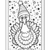 A cartoon turkey wearing a party hat surrounded by stars, designed for coloring.