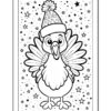 A cartoon-style bird wearing a festive hat stands among stars, ready for coloring.
