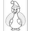 A cartoon turkey wearing a festive hat with a pom-pom, displaying its colorful feathers and a cheerful expression.